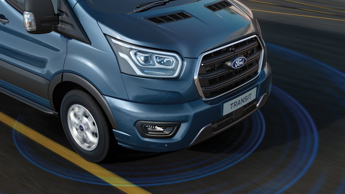 2024 blue Ford Transit front right view