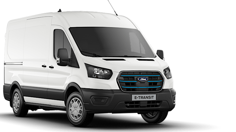 Frozen White Ford E-Transit Leader exterior front angle