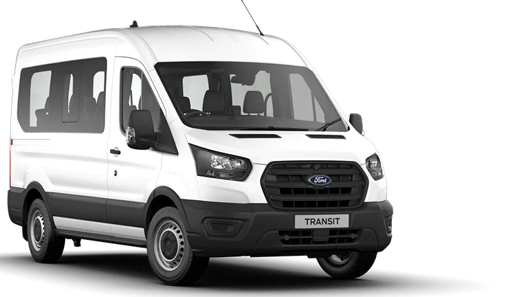 Frozen White Ford Transit Minibus Leader exterior front angle