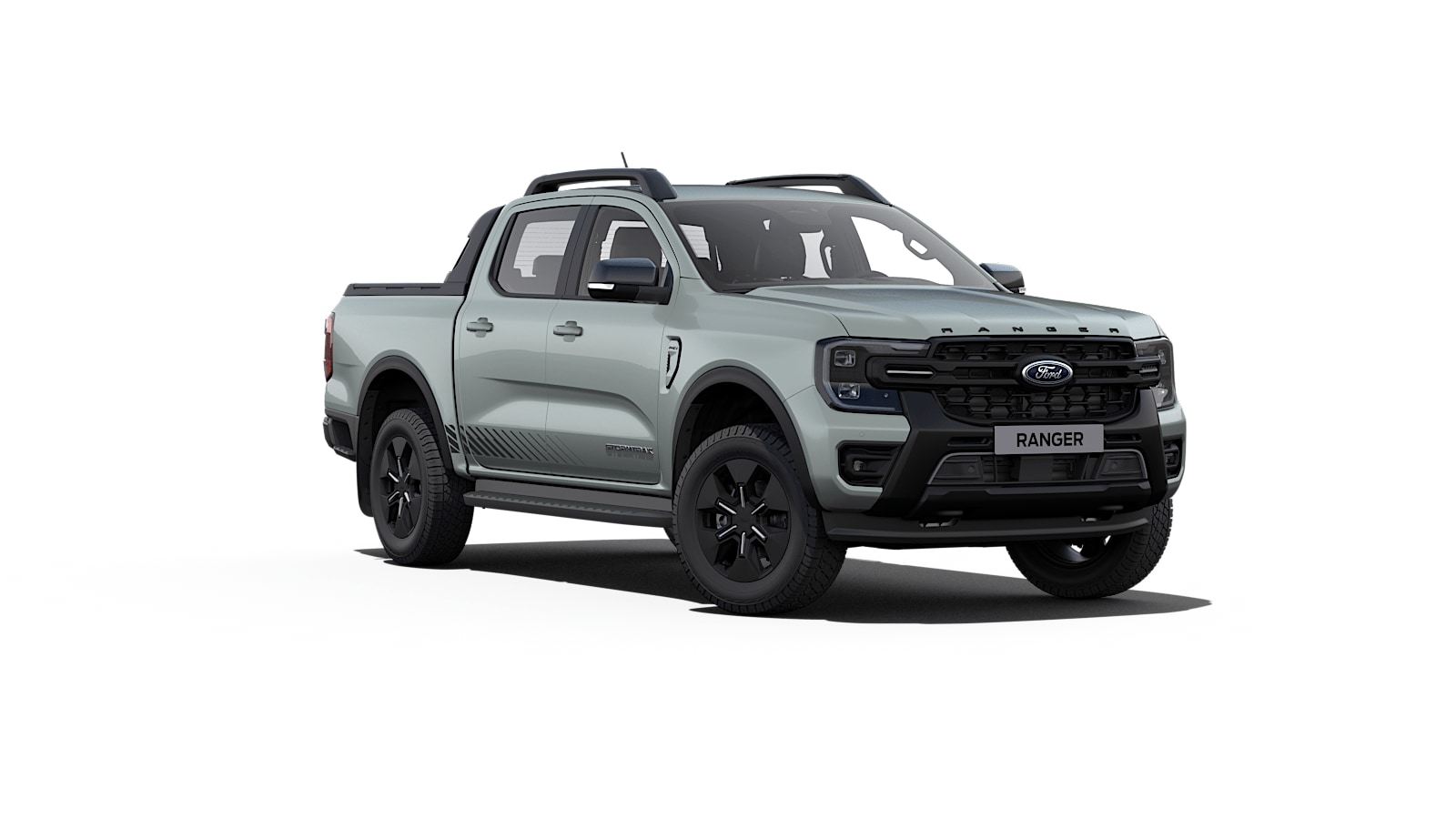Grey Ford Ranger Stormtrak from 3/4 front angle
