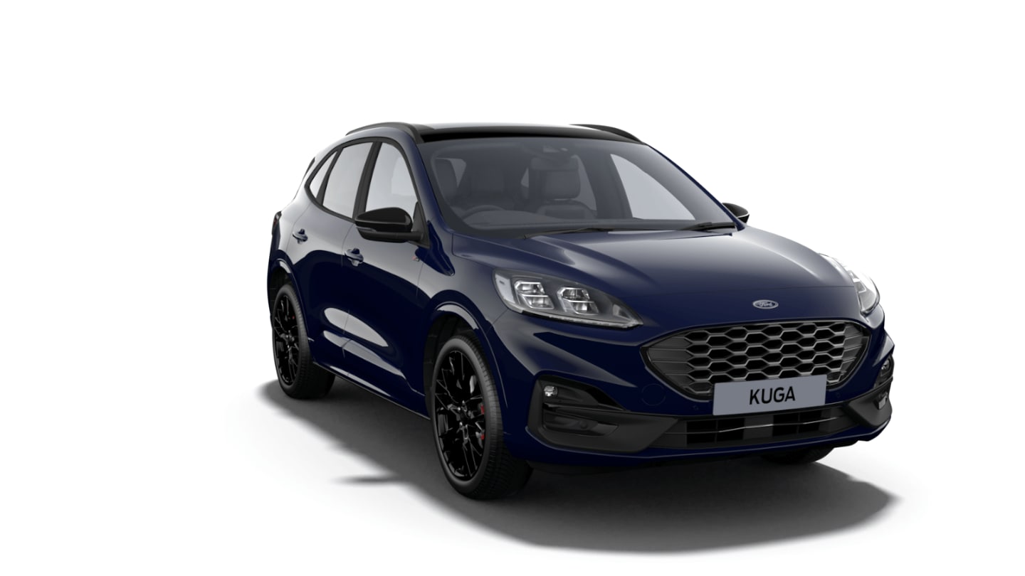 Blue Ford Kuga Black Package Edition from 3/4 front angle