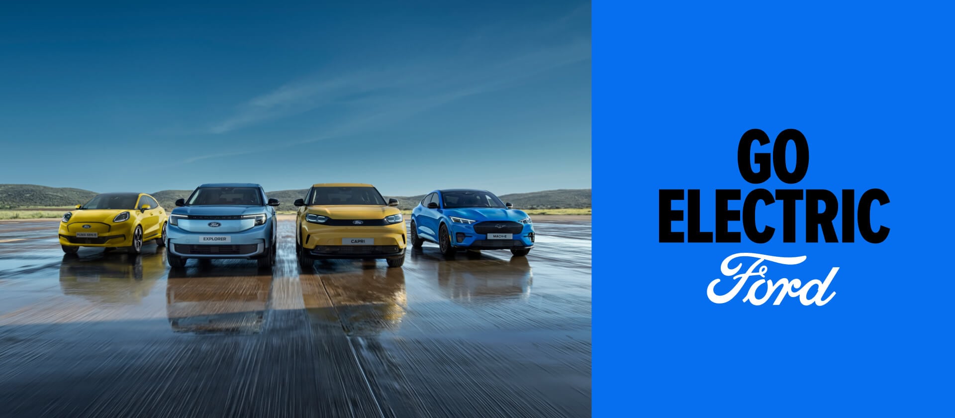The Ford Puma Gen-E, Ford Explorer, Ford Capri and Ford Mustang Mach-E lined up on a runway, next to a Go Electric graphic on a blue background.