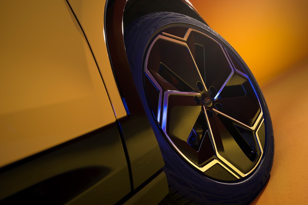 A close-up of a Ford Capri EV tyre. 