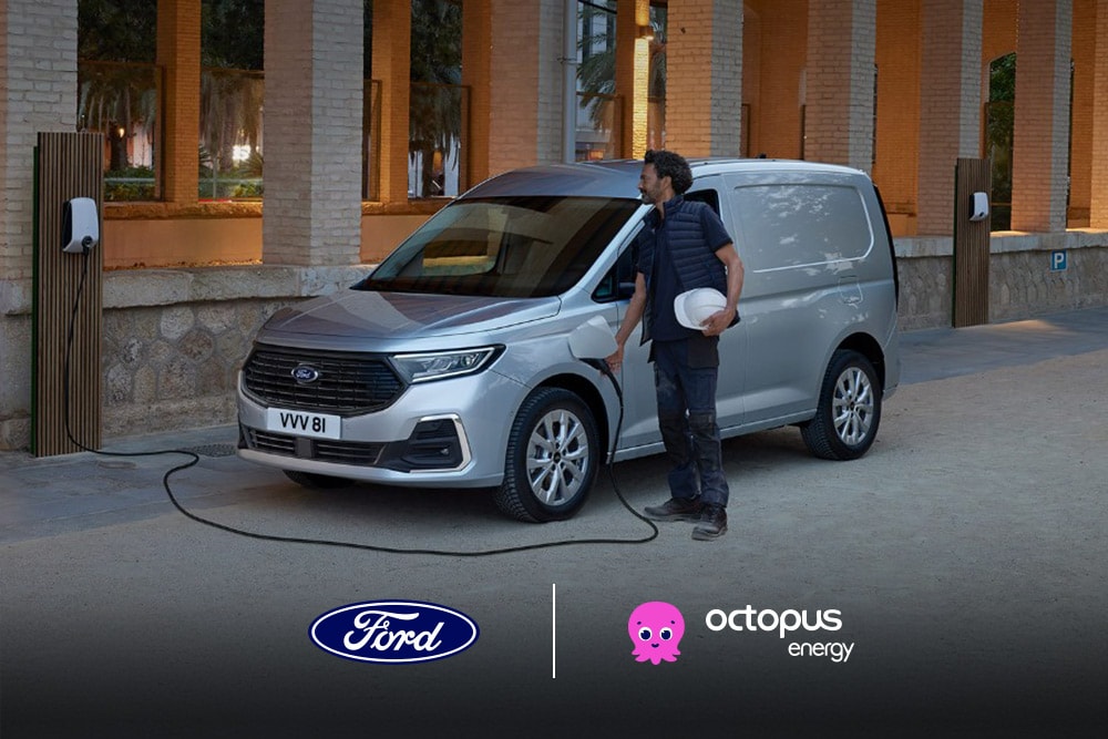 Man charging a silver Ford van using a home charging station. Ford and Octopus Energy logos visible.