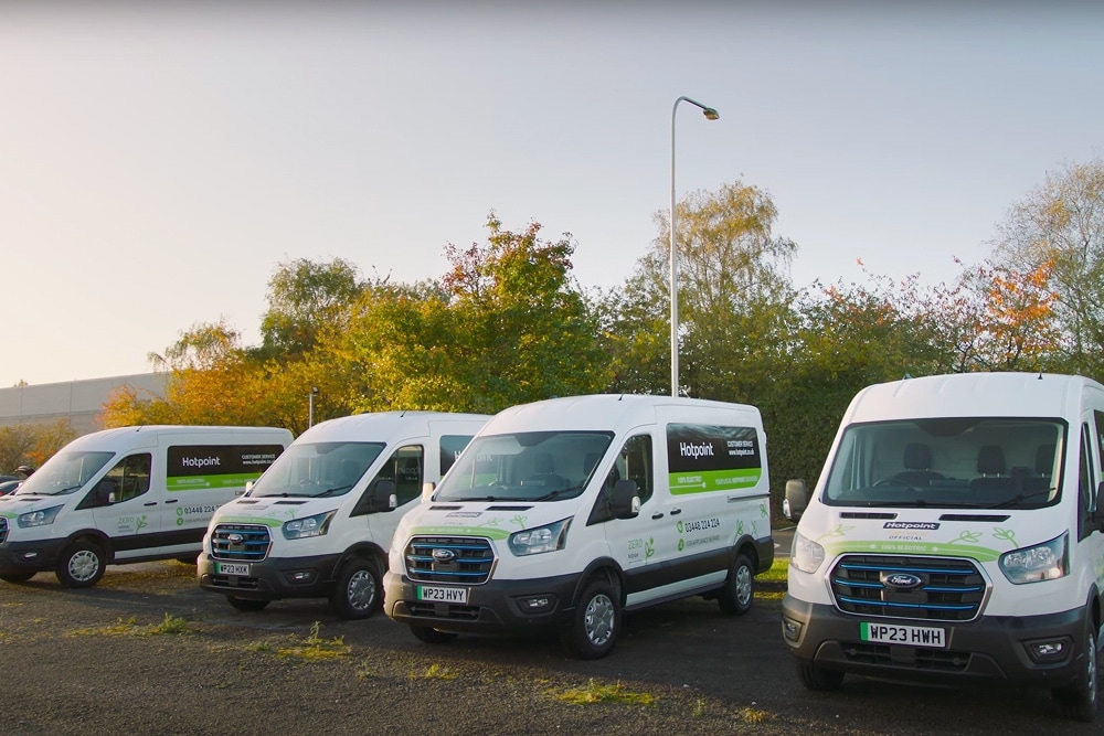  Four Ford E-Transit electric vans parked next to each other for Hotpoint UK.