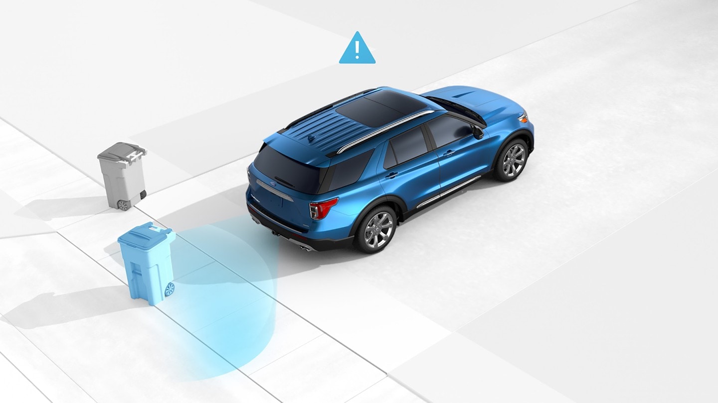 Diagram of a blue Ford vehicle demonstrating reverse brake assist with a blue band recognising bins.