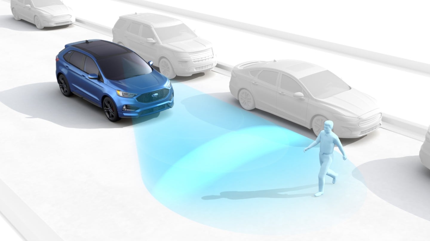 A graphic demonstrating the Pre-Collision Assist feature, showing a blue car detecting a pedestrian via a camera.