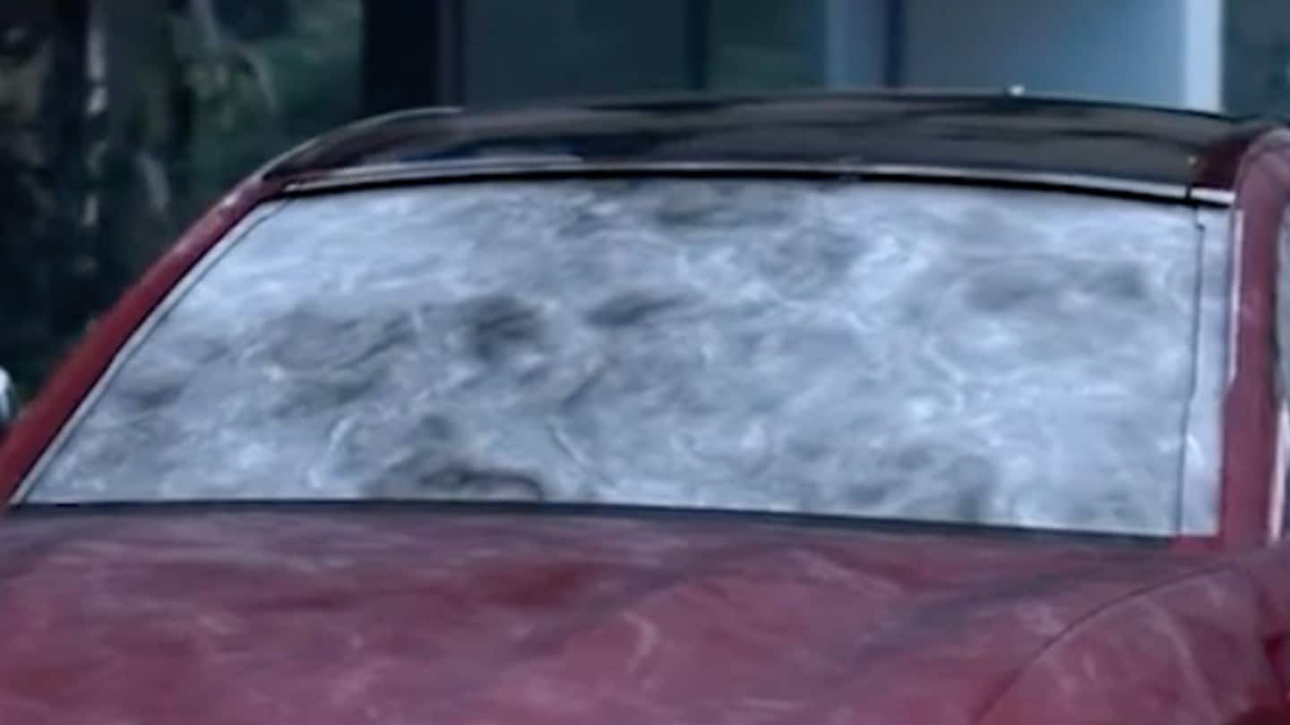 A close up of a frosted windscreen of a Ford Mustang Mach-E during winter.
