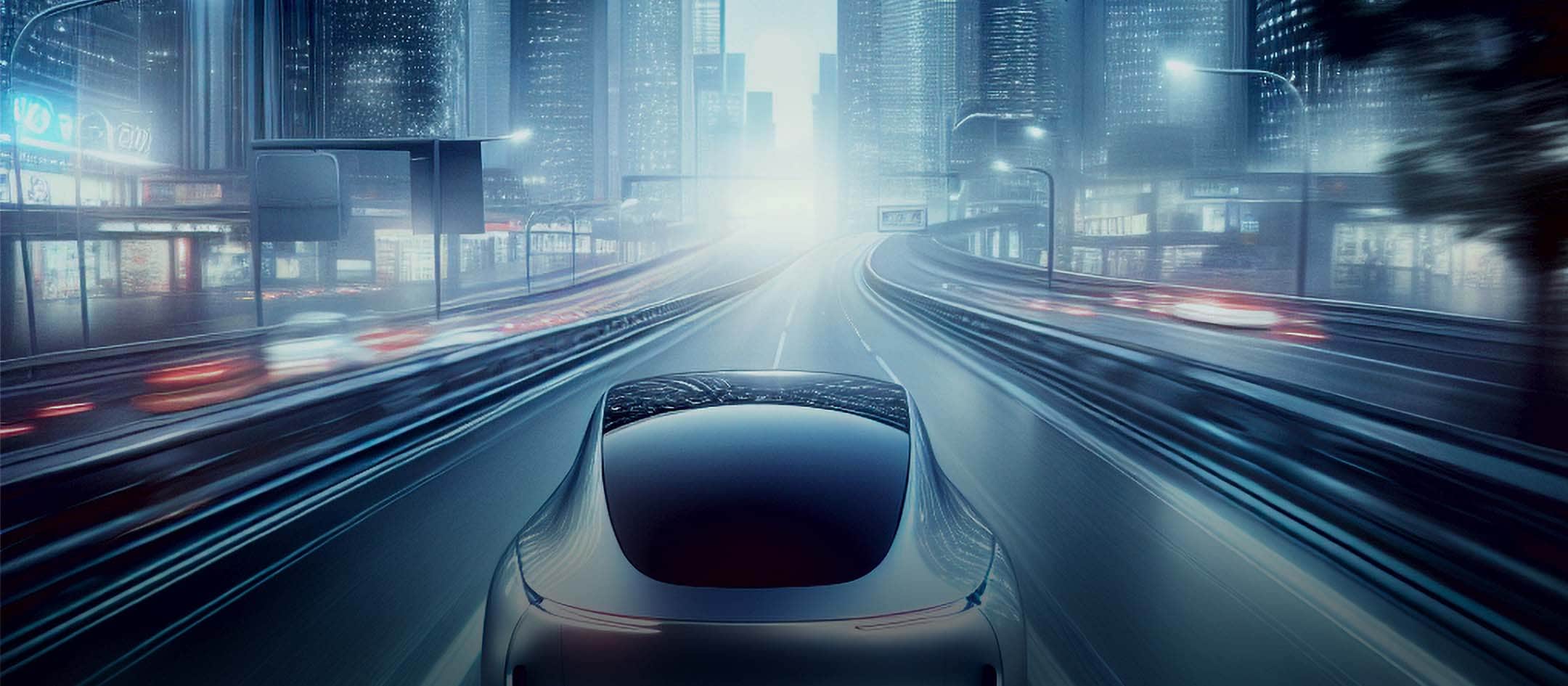 Futuristic vehicle driving on an urban highway at night