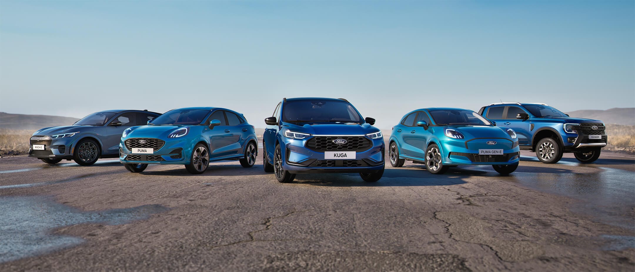 Line-up of vehicles with Ford BlueCruise hands-free driving including Mustang Mach-E, Puma, Kuga, Puma Gen-E and Ranger.