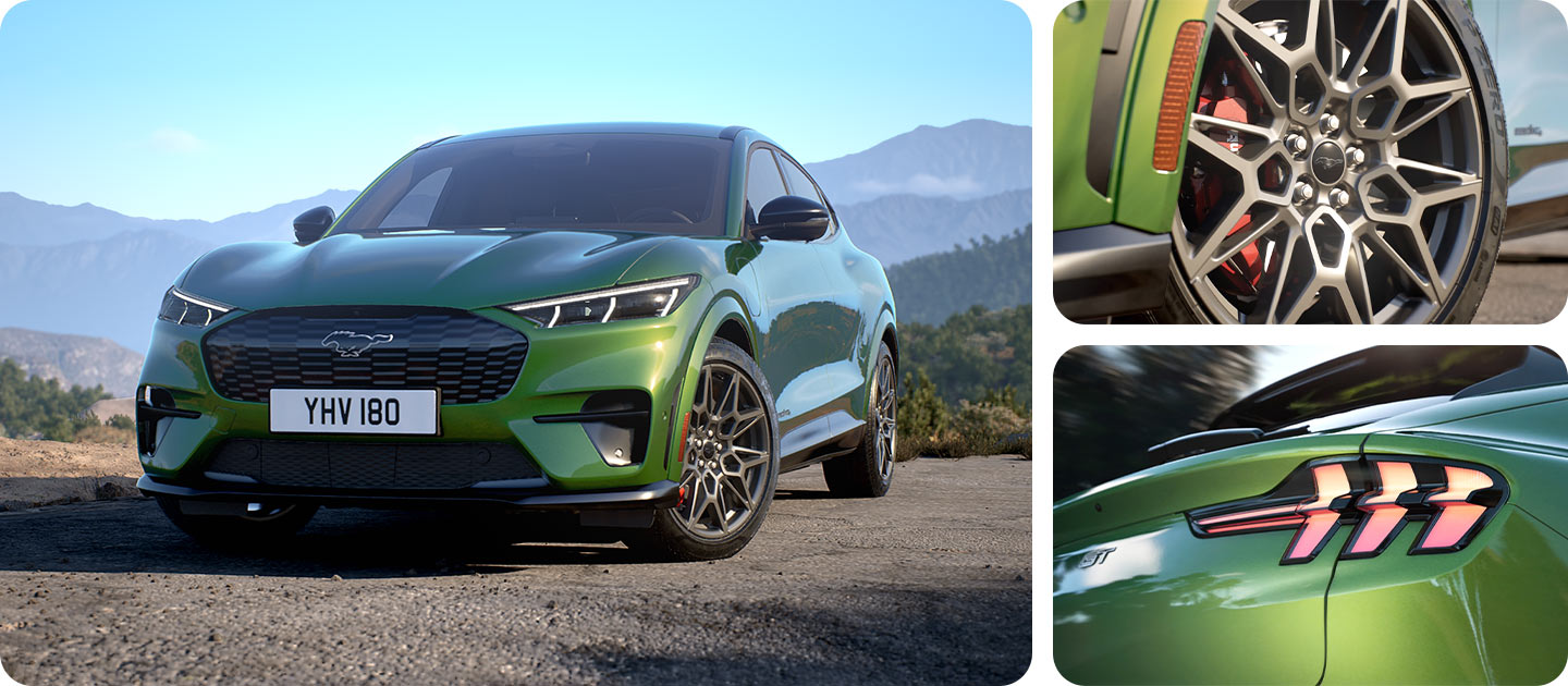 A photo grid of the Mustang Mach-E with a close-up of the GT honeycomb front grille, 20" alloy wheels and rear LED lights. 