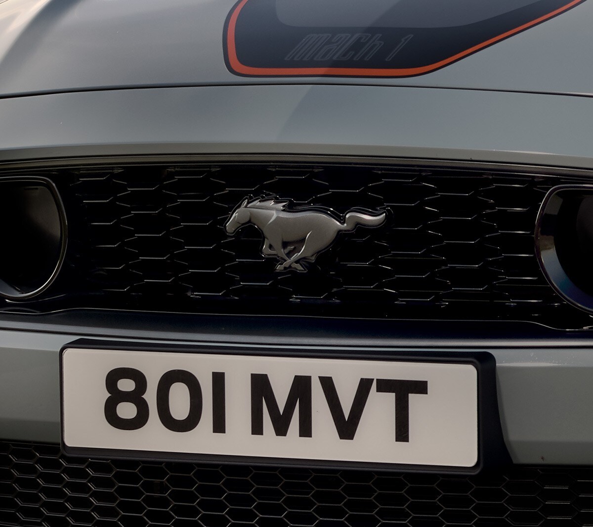 Ford Mustang Mach 1 front grill badge closeup