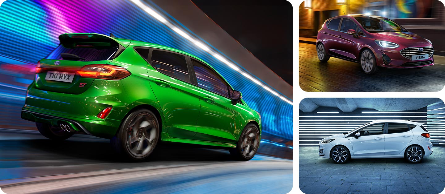 Photo grid showing a green Ford Fiesta ST-Line, a silver Fiesta Active , and a red Fiesta Titanium..