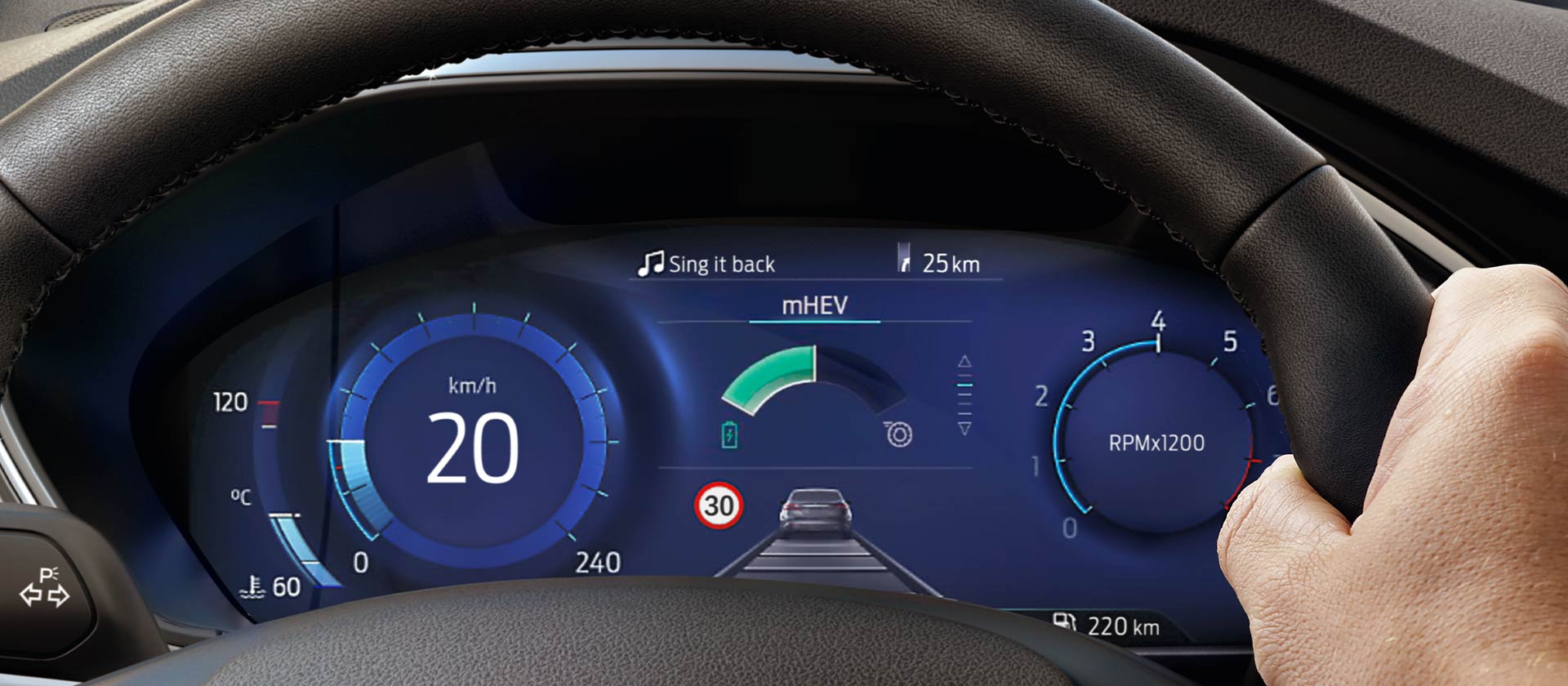 A close-up of the 12.3" digital instrument cluster in the Ford Focus showing the information dials.