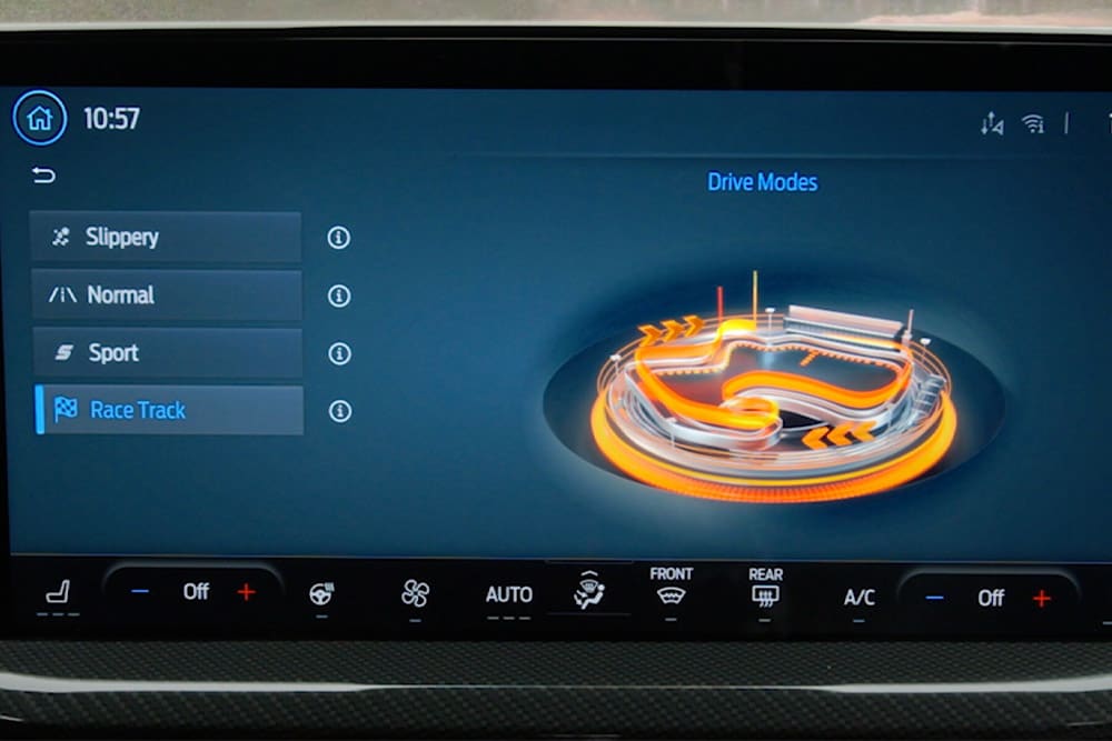 A close-up of the 13.2″ SYNC® 4 touchscreen in the Ford Focus showing the Selectable Drive Modes.