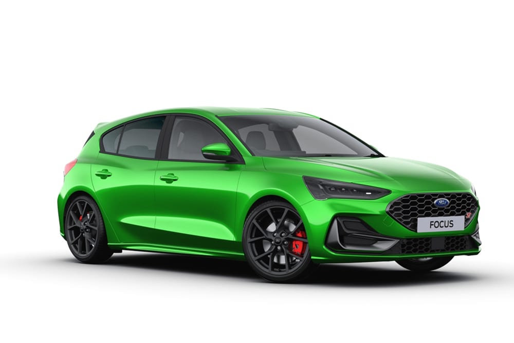 Studio shot of a Mean Green Ford Focus hatchback against a white background.