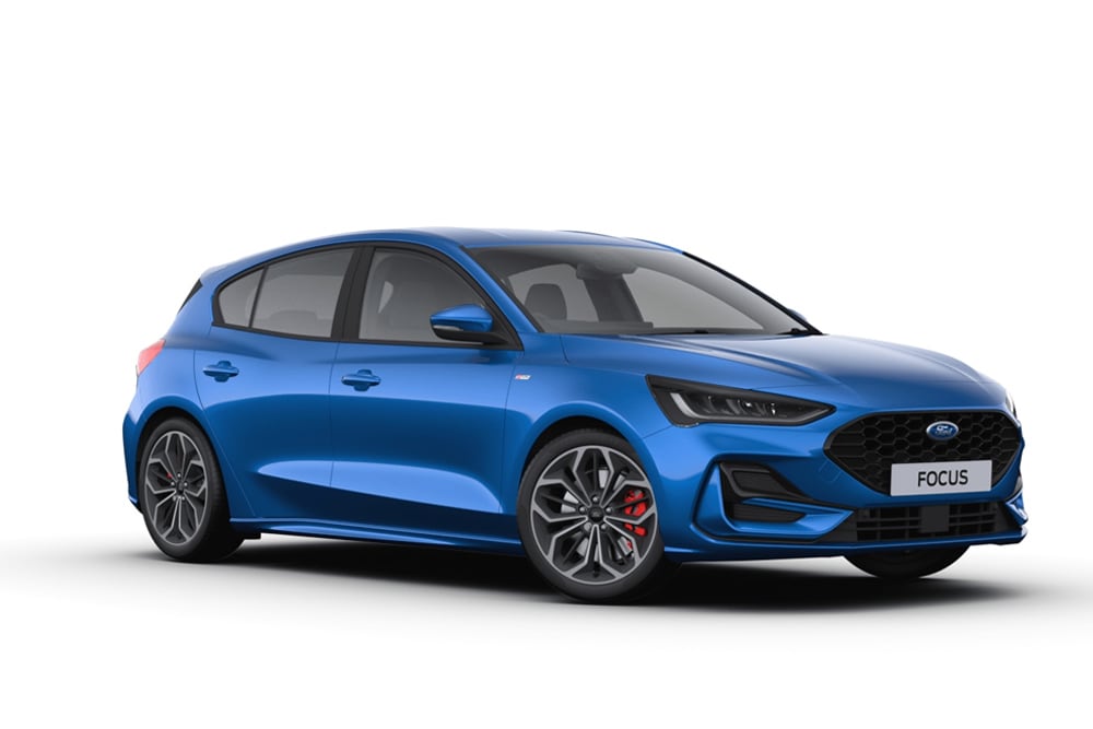 Studio shot of a blue Ford Focus hatchback against a white background.