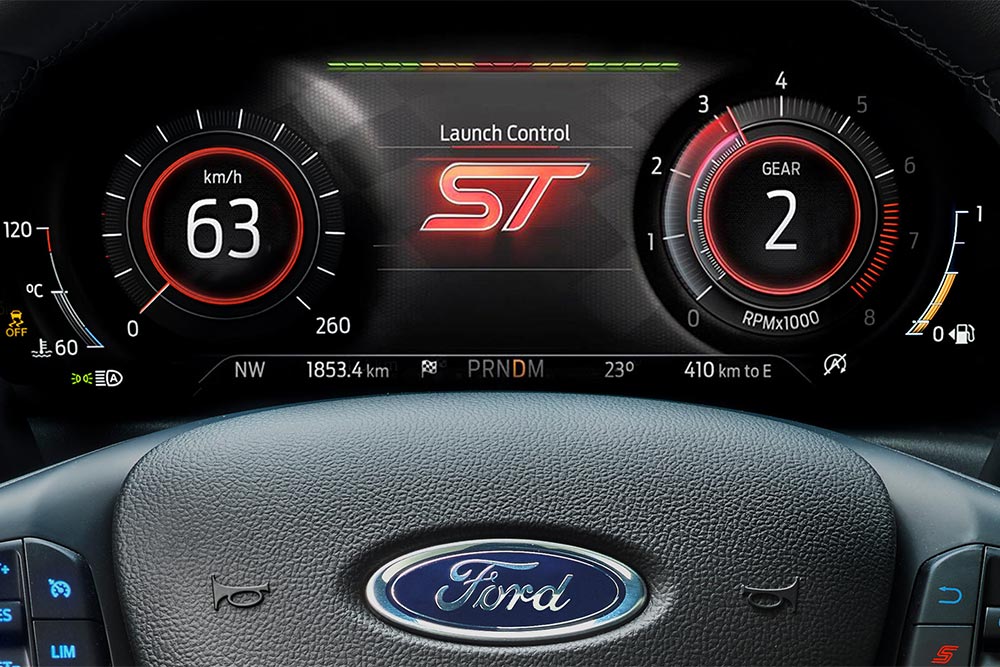 A close-up of the 12.3″ digital instrument cluster in the Ford Focus ST showing Launch Control activated.