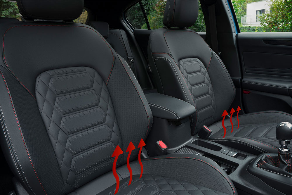 Red arrows rising from the front seats of a Ford Focus