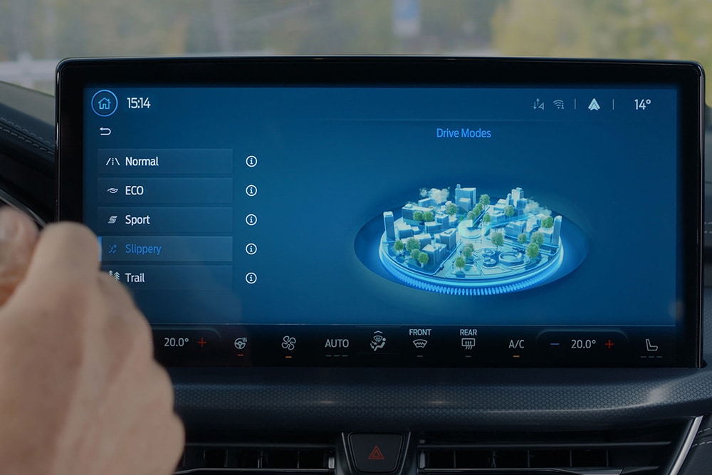 A close-up of the Ford Focus SYNC® 4 infotainment screen highlighting the Selectable Drive Modes.
