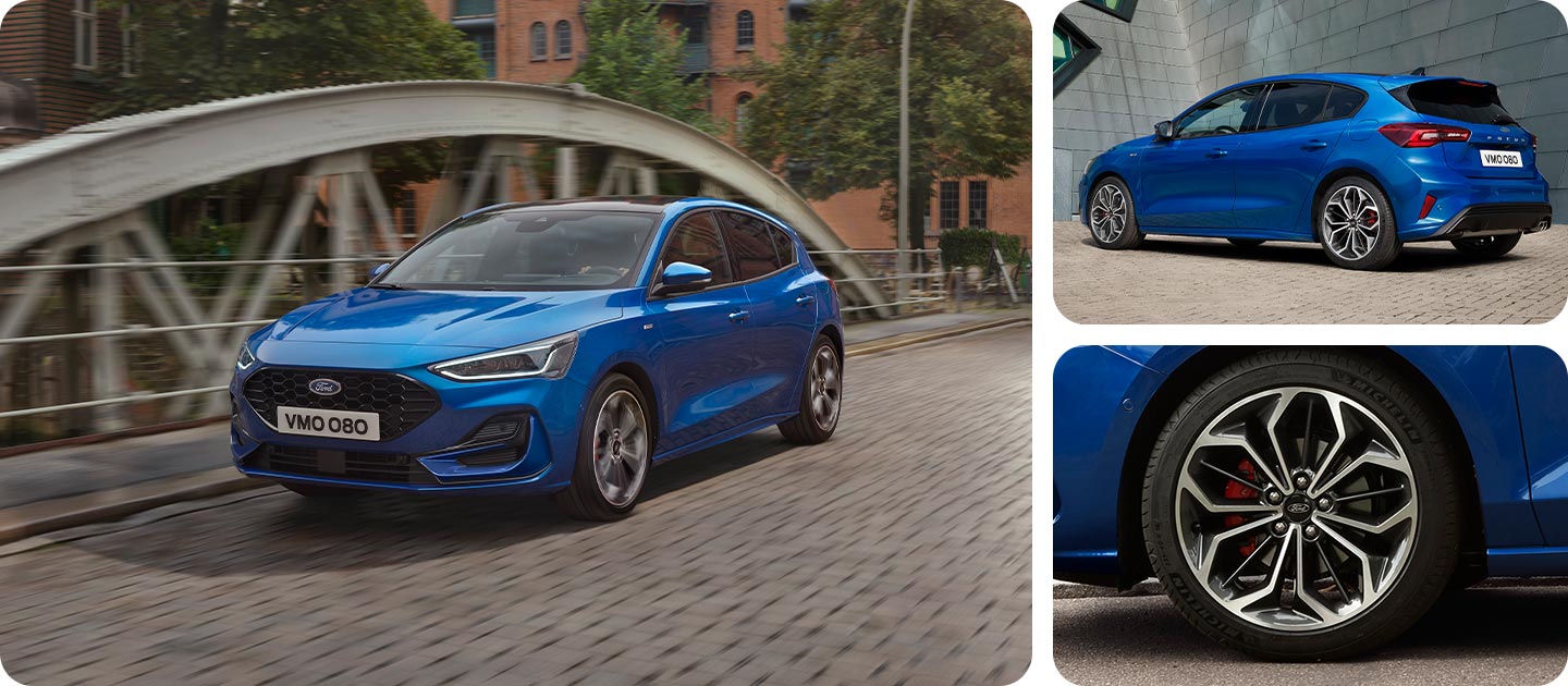Photo grid showing a blue Ford Focus hatchback driving on a road and a close-up of the alloy wheel.