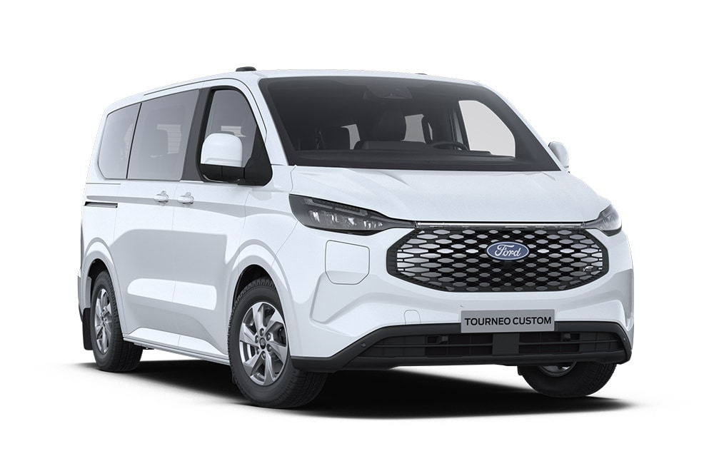 Front left angle of a white Ford E-Tourneo Custom Trend.​