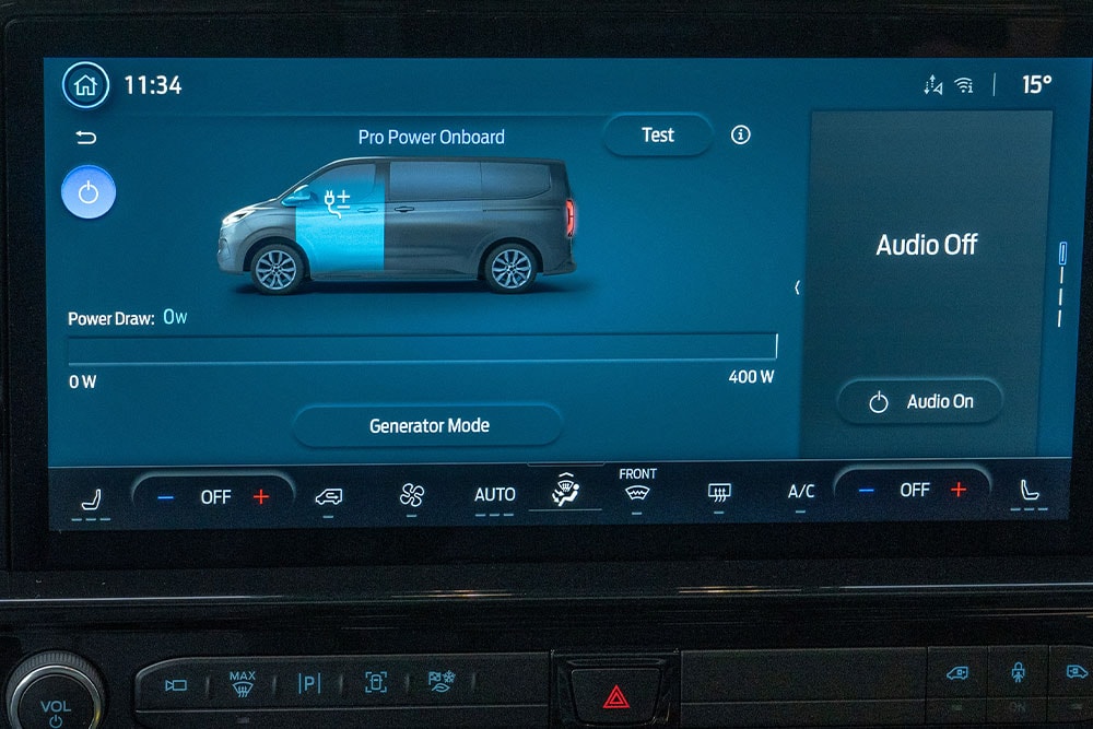 The Ford E-Tourneo Custom's dashboard screen displays the Pro Power Onboard system, controlling power output.