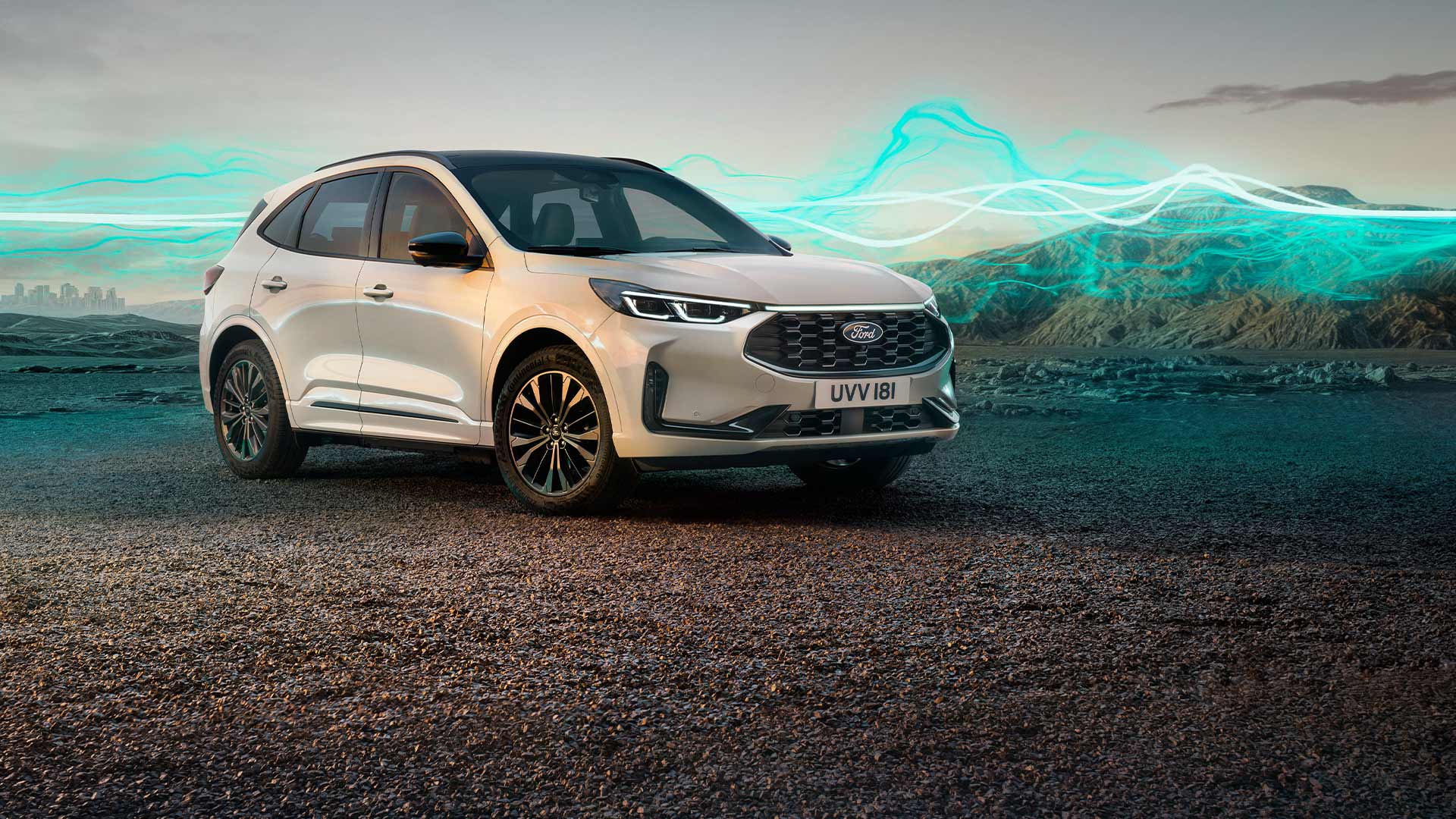 The Ford Kuga Sound Edition model in white, parked with green soundwave graphics in the background.