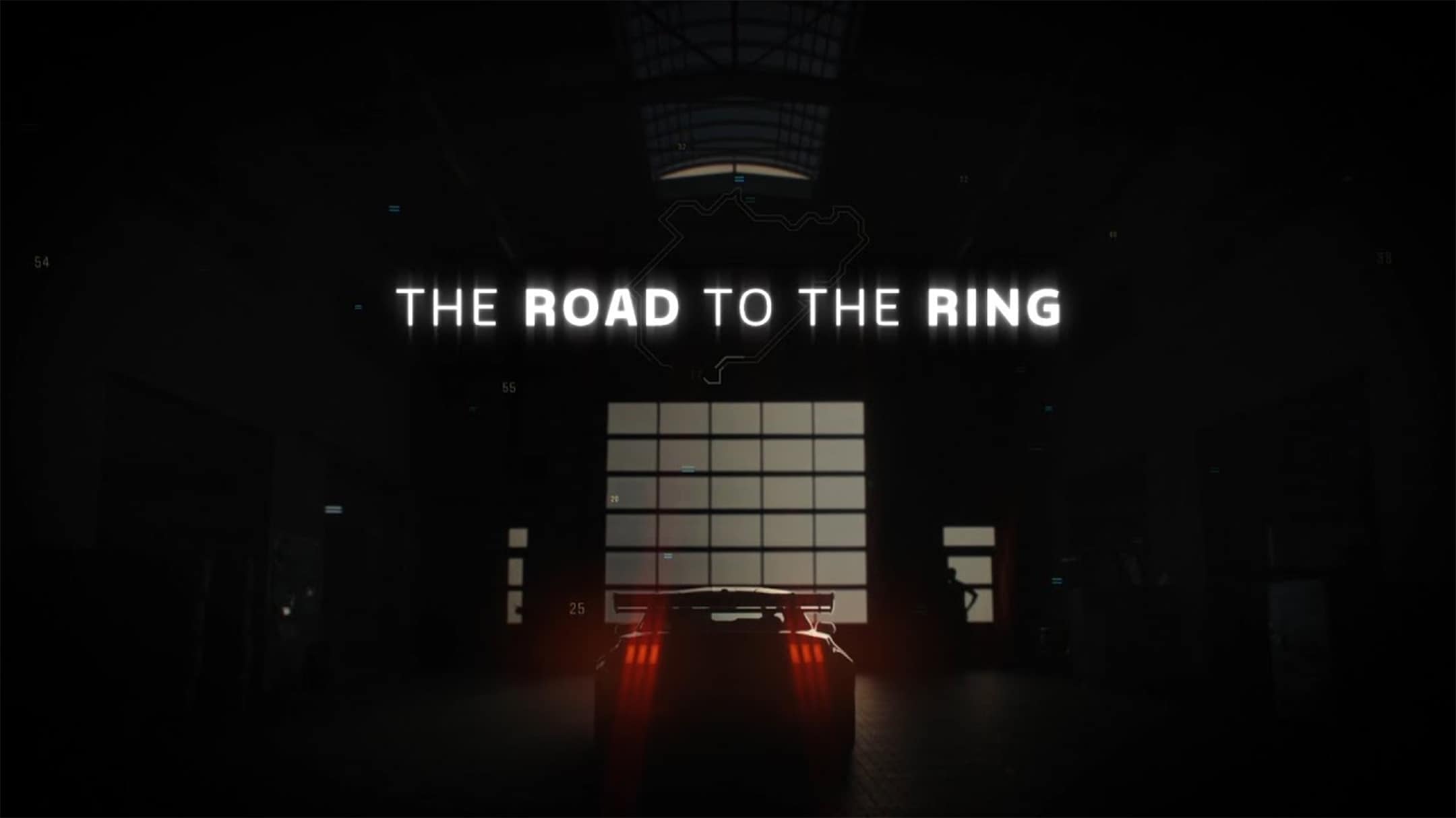 Ford Mustang GTD in a racing garage with "THE ROAD TO THE RING" text.