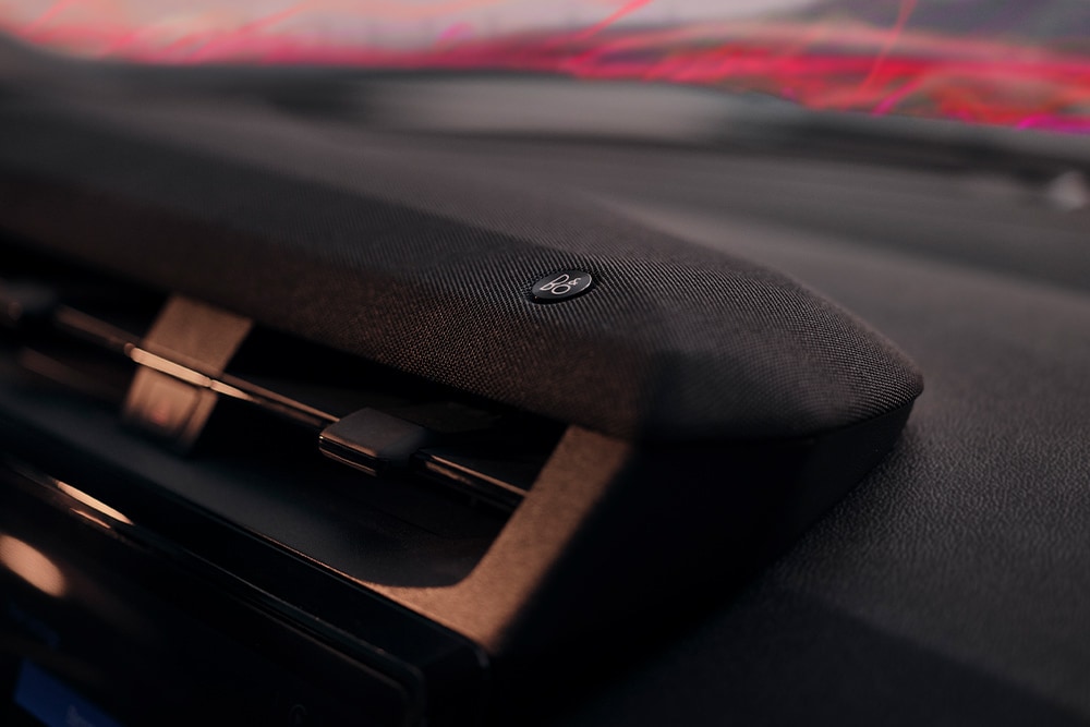 A close up of the B&O premium sound system speaker and logo inside the Ford Puma Sound Edition.