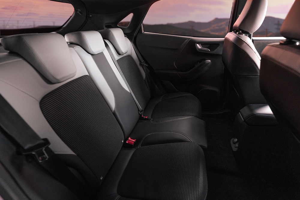 A close up of the rear seats of the Ford Puma Sound Edition featuring exclusive seat fabrics.