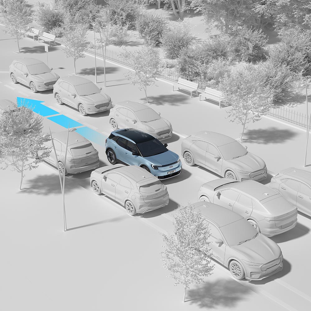  A blue Ford vehicle navigating through traffic, highlighting the car's reversing assist feature.