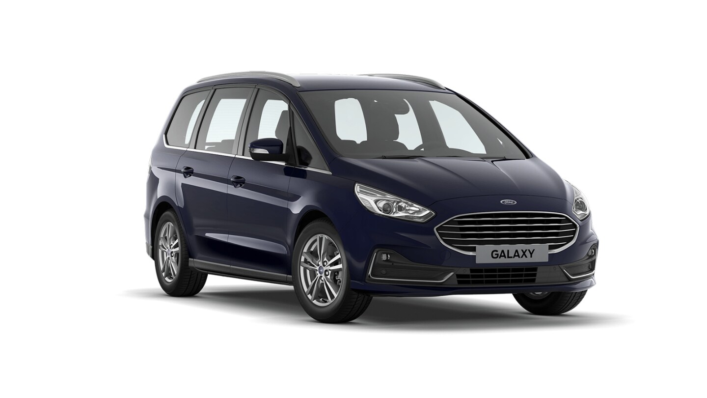 Blue Ford galaxy Titanium from 3/4 front view