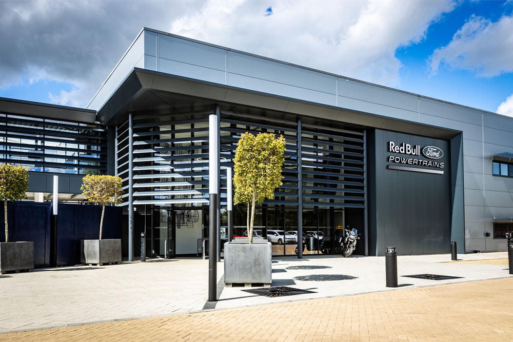 The Red Bull Ford Powertrains HQ office – a modern building with the company logo displayed outside