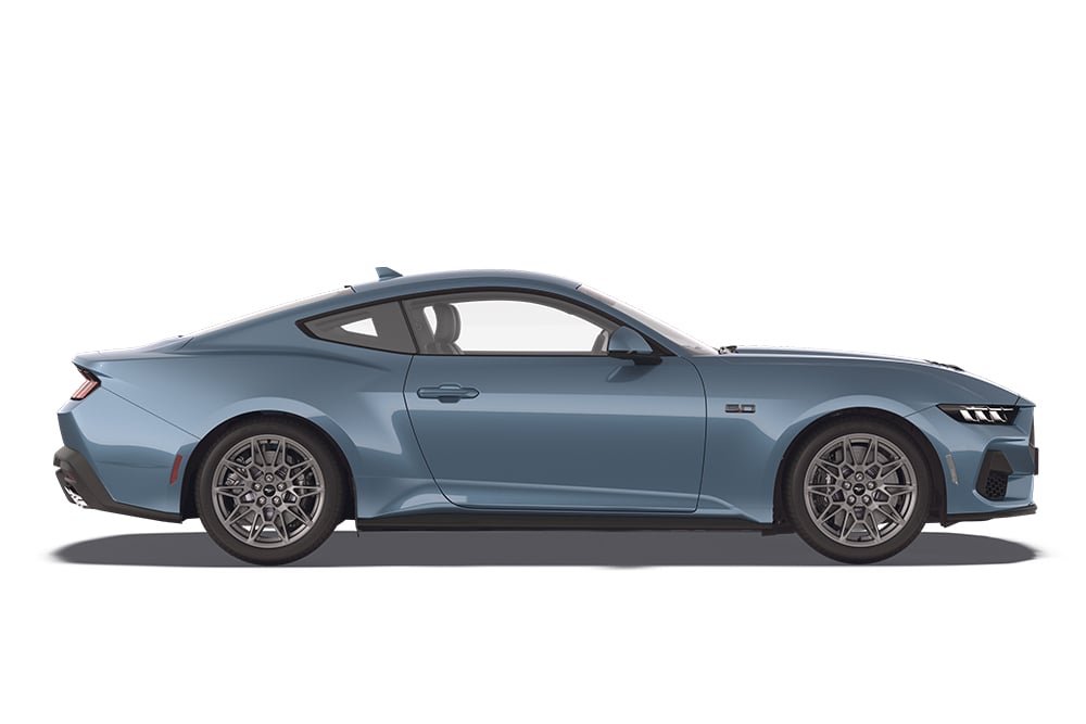 Vapour blue Ford Mustang, part of the Ford performance cars range.