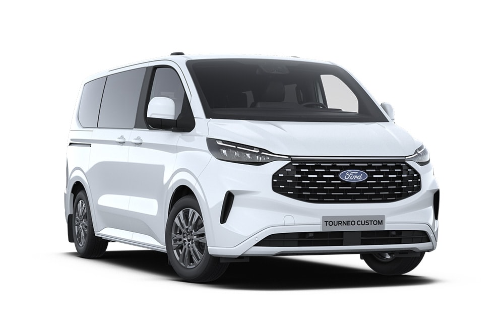 Front left angle of a white Ford Tourneo Custom Titanium.​