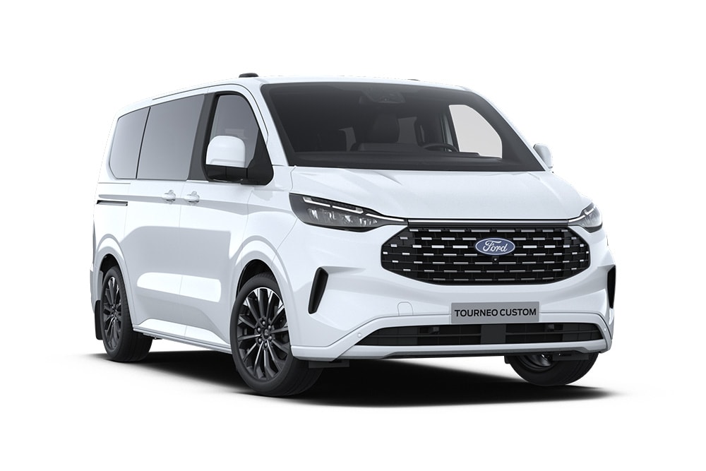 Front left angle of a white Ford Tourneo Custom Titanium X.​