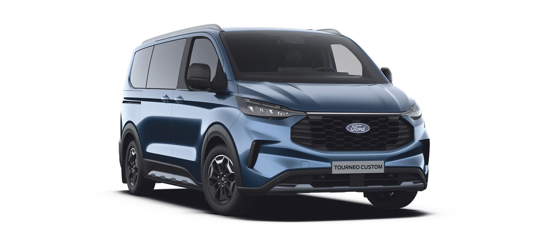 A blue Ford Tourneo Custom Active angled towards the front left corner.