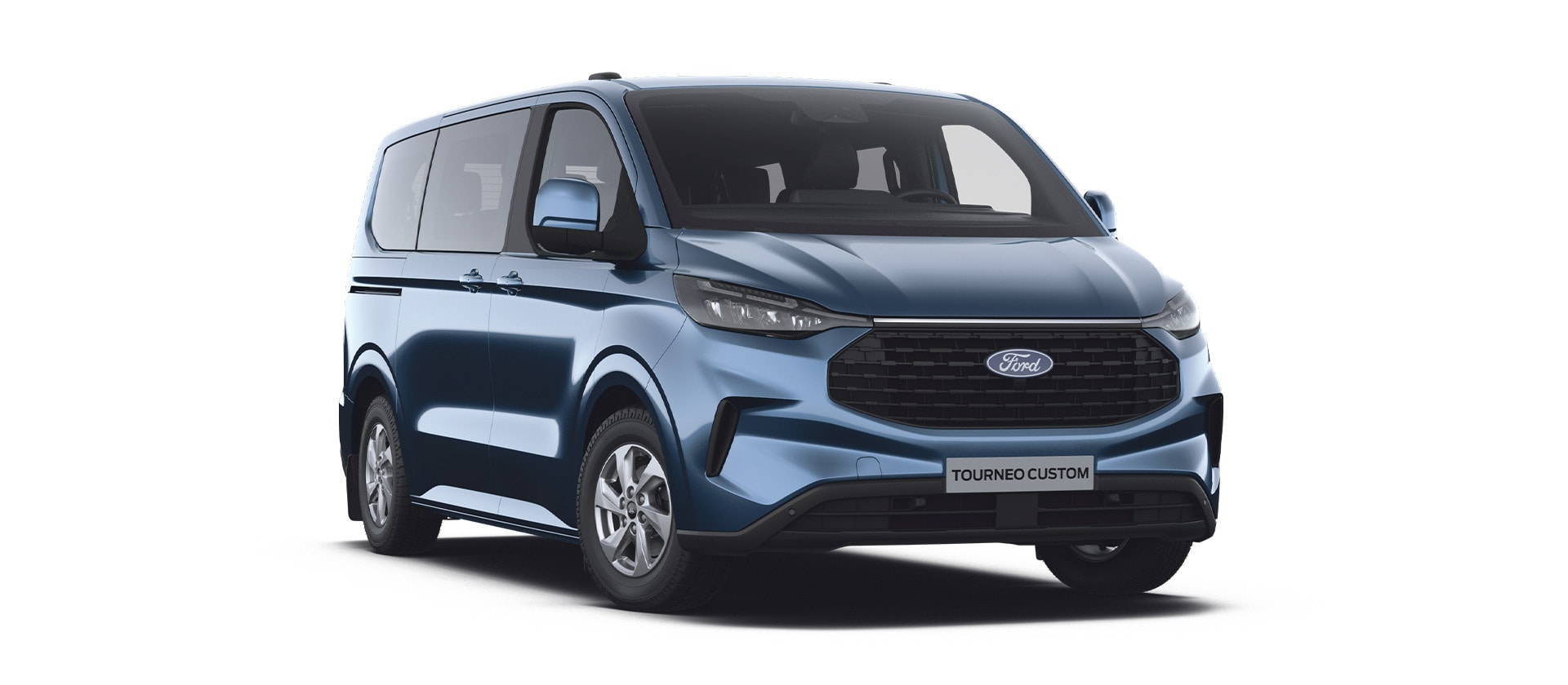 A blue Ford Tourneo Custom Trend passenger van angled towards the front left corner.