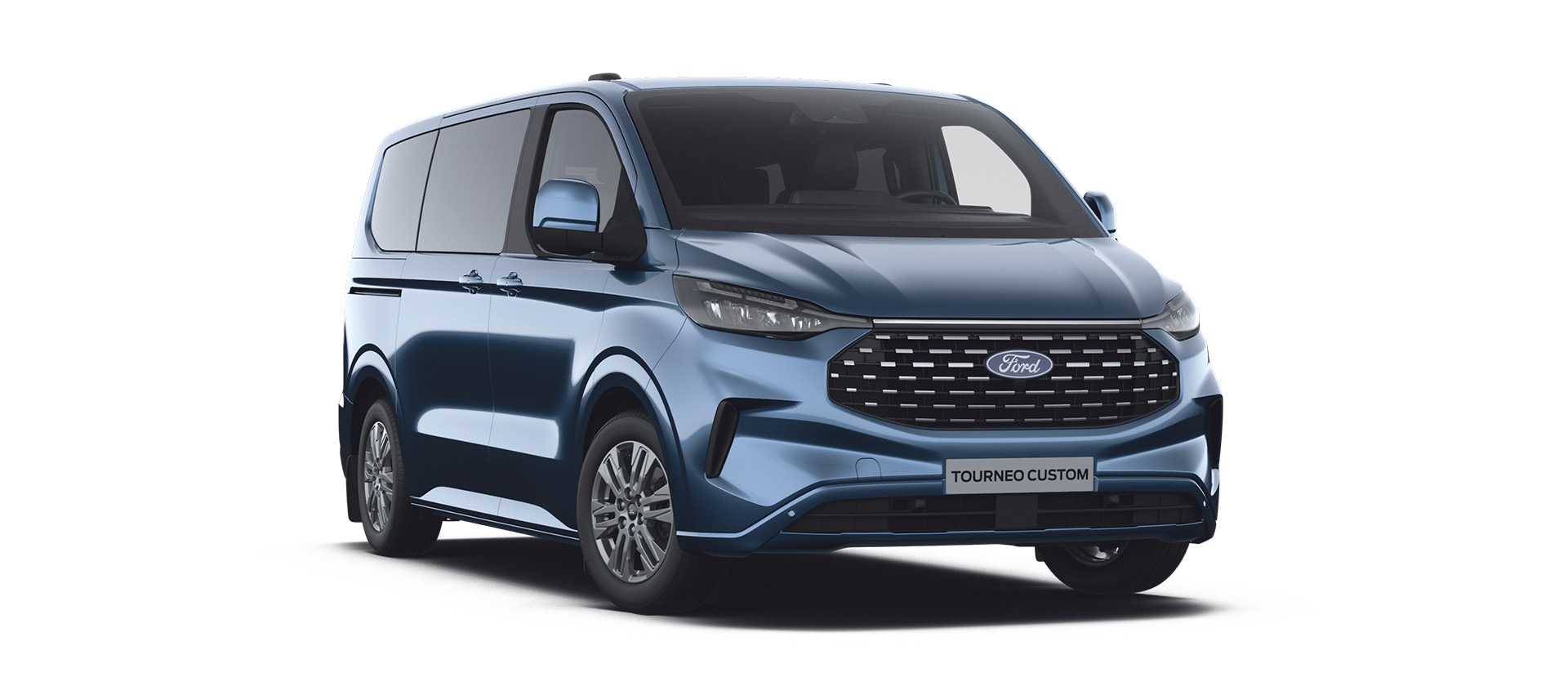 A blue Ford Tourneo Custom Titanium angled towards the front left corner.