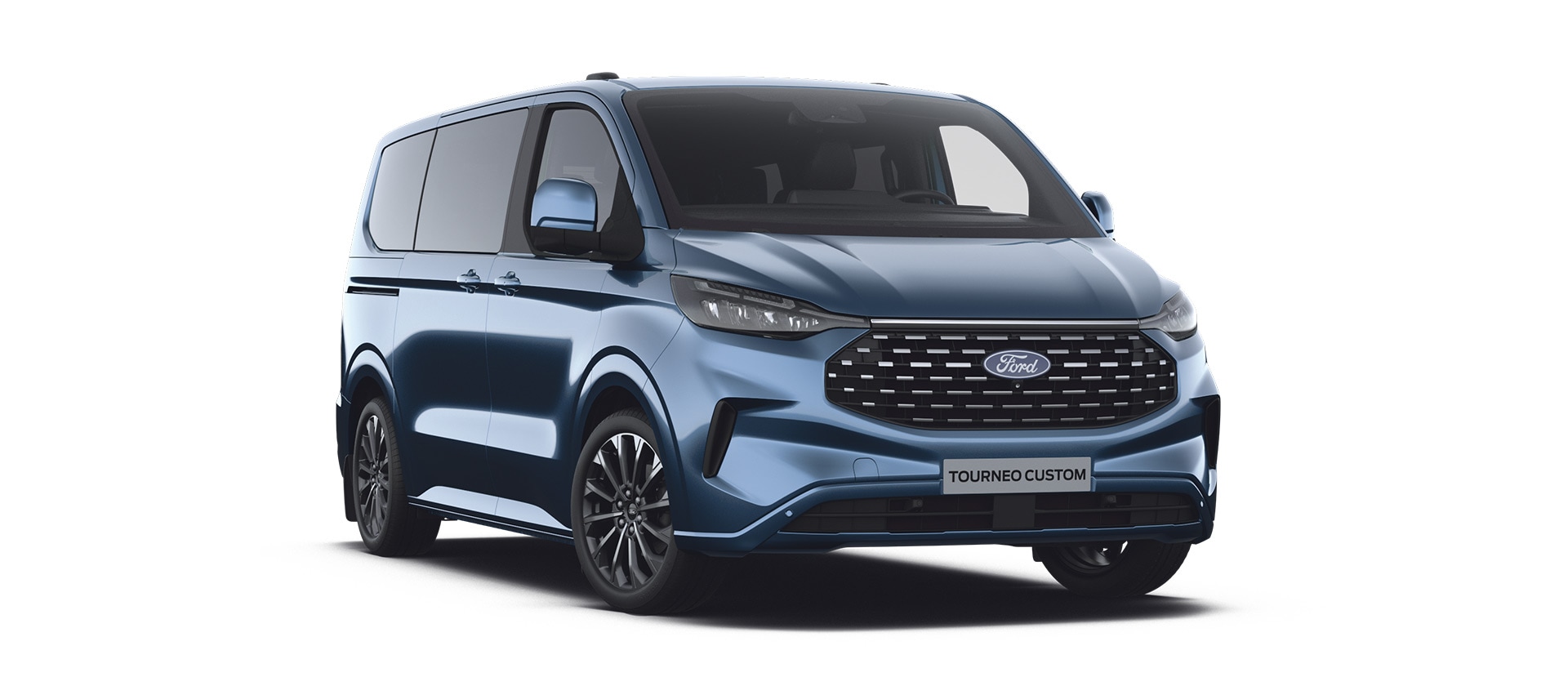 A blue Ford Tourneo Custom Titanium X  angled towards the front left corner.