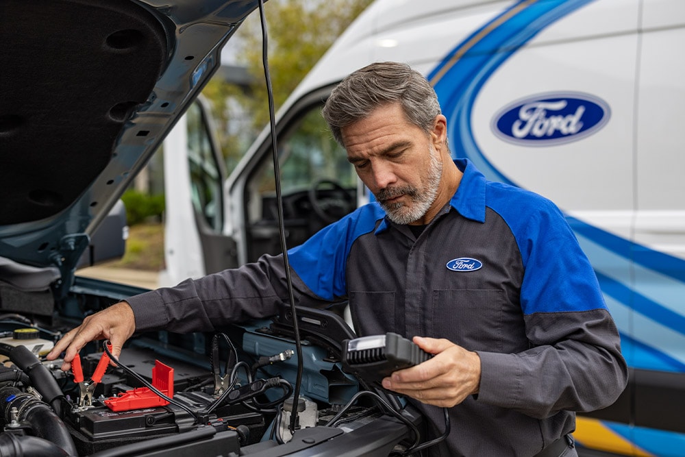  Ford technician in uniform connecting jumper cables to a car battery, with a Ford service van nearby.