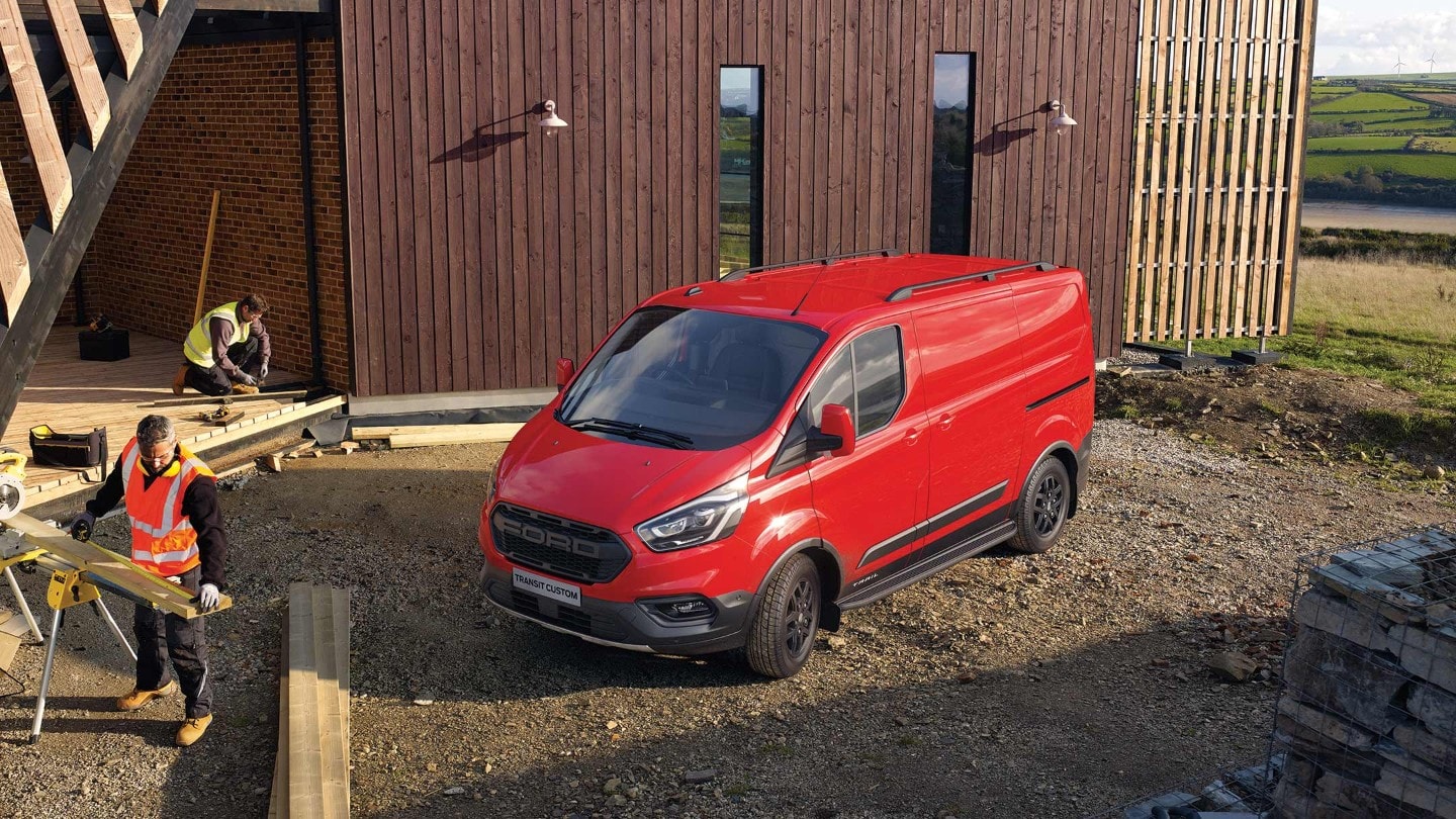 Red Ford Transit Custom Trail top view on building site