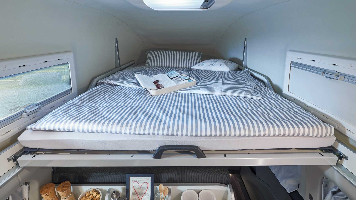 Ford Transit Custom Nugget interior with high-level double bed