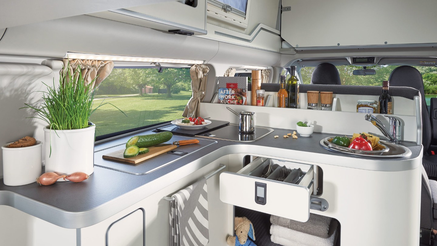 Ford Transit Custom Nugget interior kitchen view Ford Transit Custom Nugget interior kitchen view