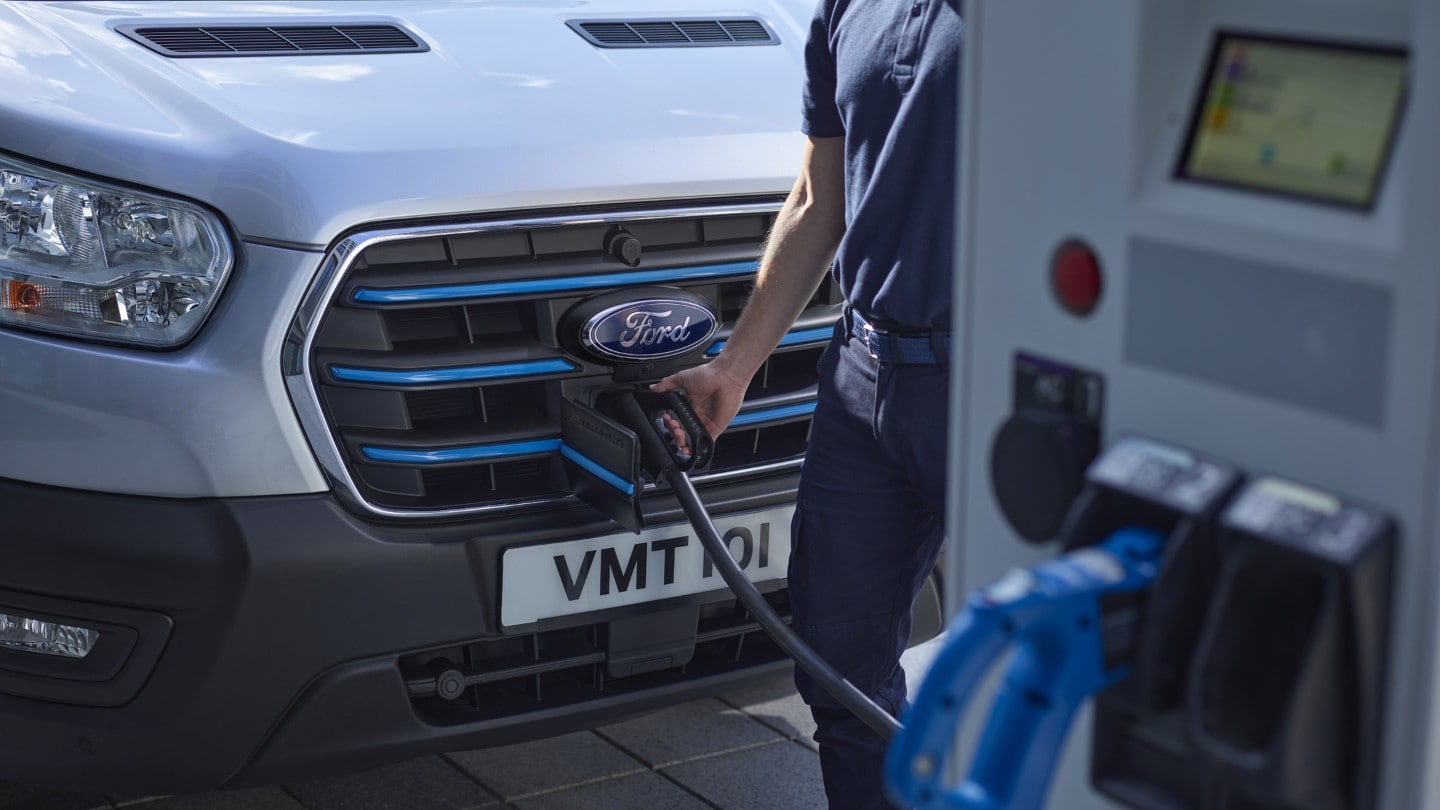 Ford E-Transit close view of charging socket behind the front grille