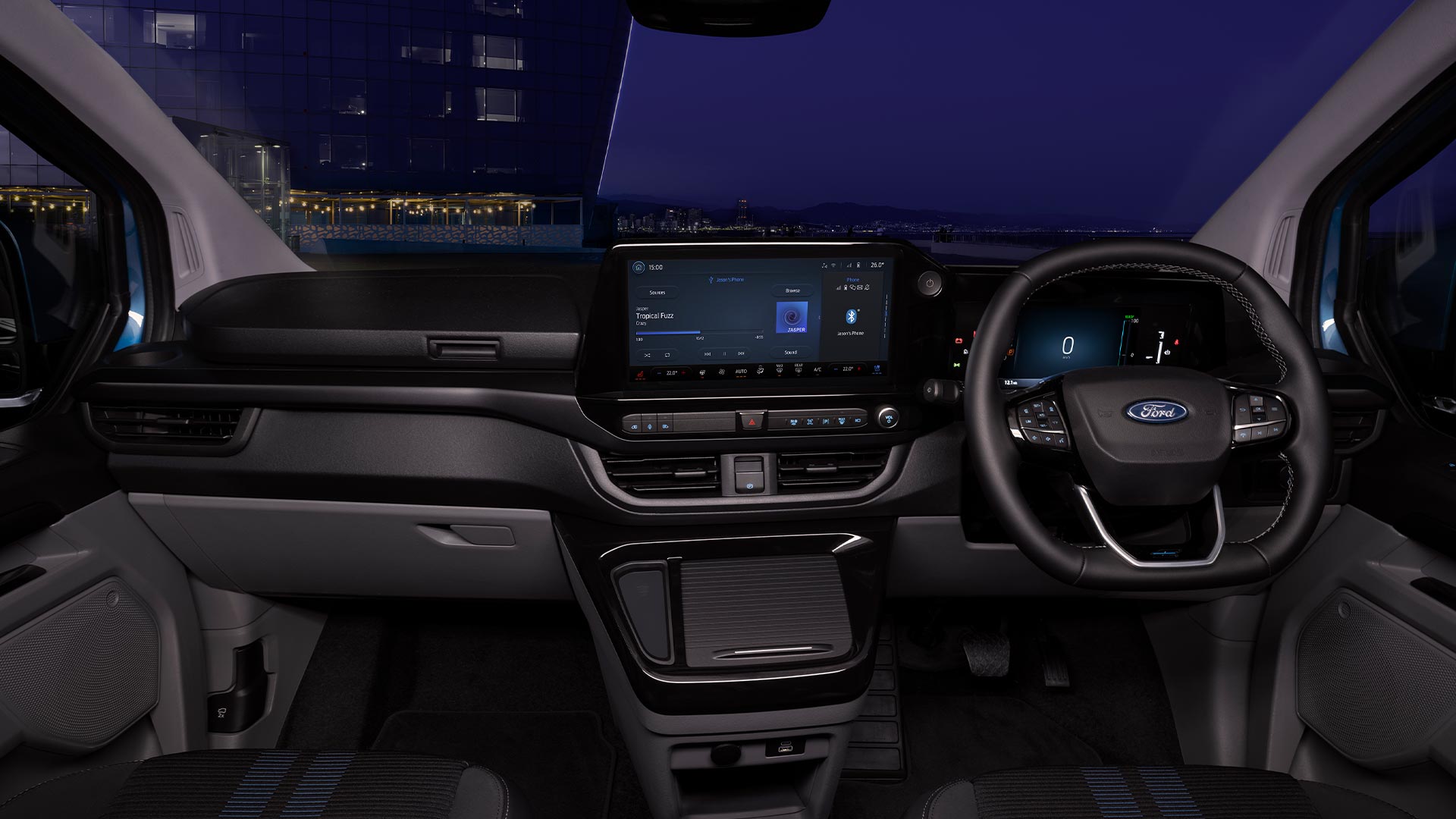 Interior of Ford E-Transit Custom electric van at night.