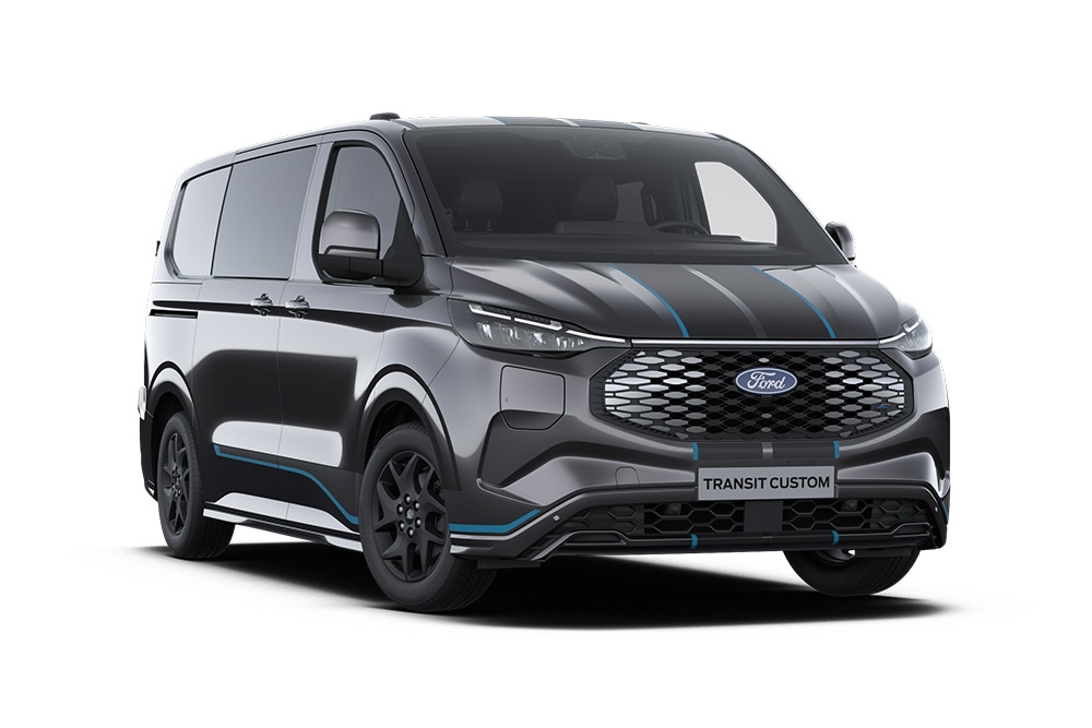 Dark gray Ford E-Transit Custom Sport double cab-in-van, front view.