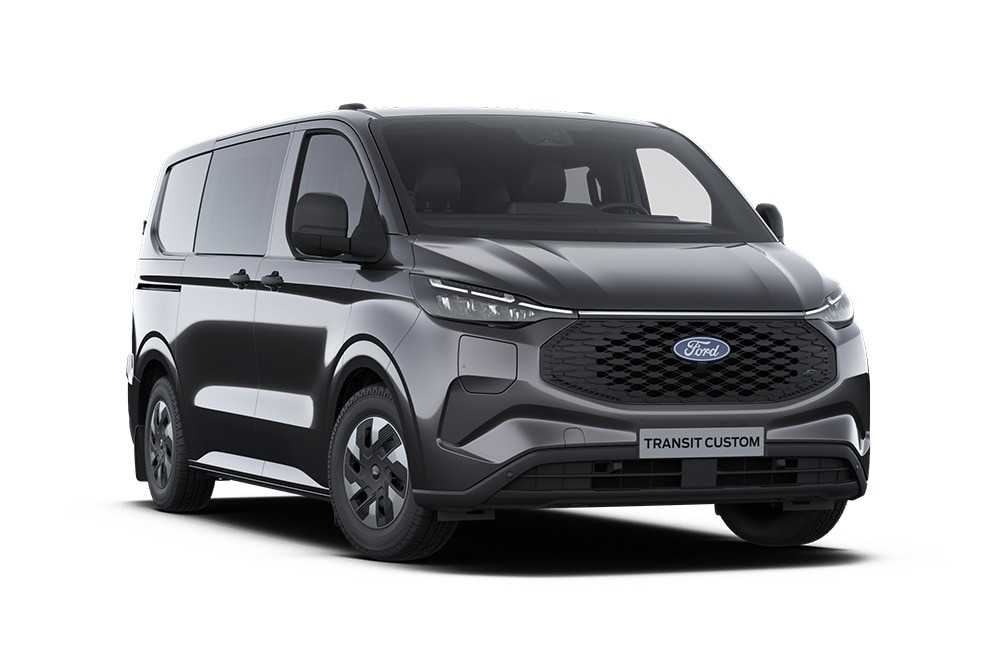 Dark gray Ford E-Transit Custom Trend double cab-in-van, front view.