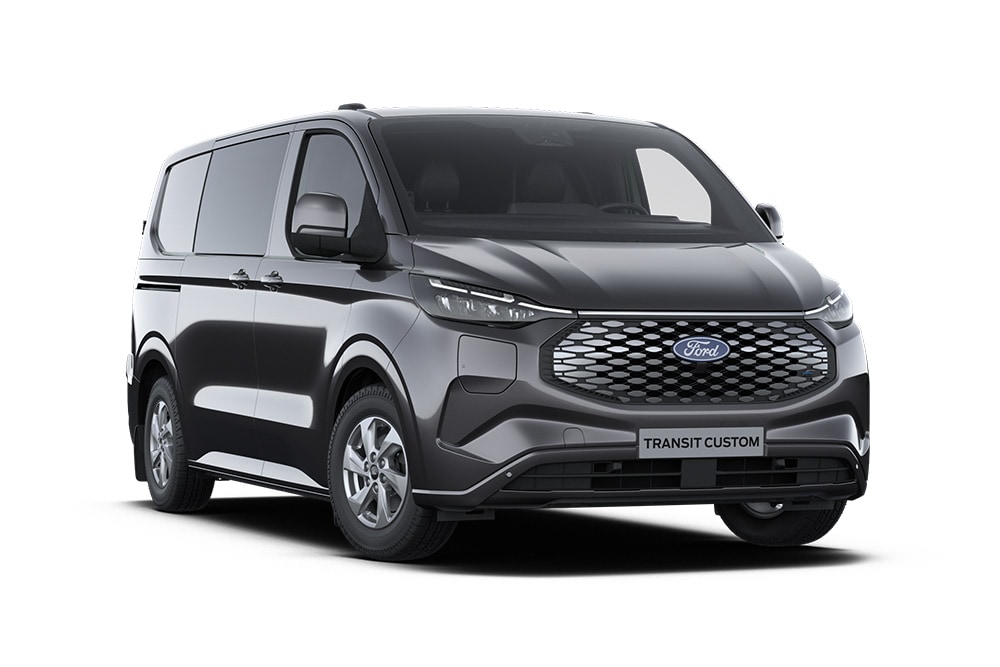 Dark gray Ford E-Transit Custom Limited double cab-in-van, front view.